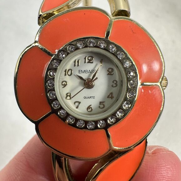 Embassy Watch Womens 29mm Flower Orange Enamel Pave Bezel Clamper New Battery - Picture 8 of 11